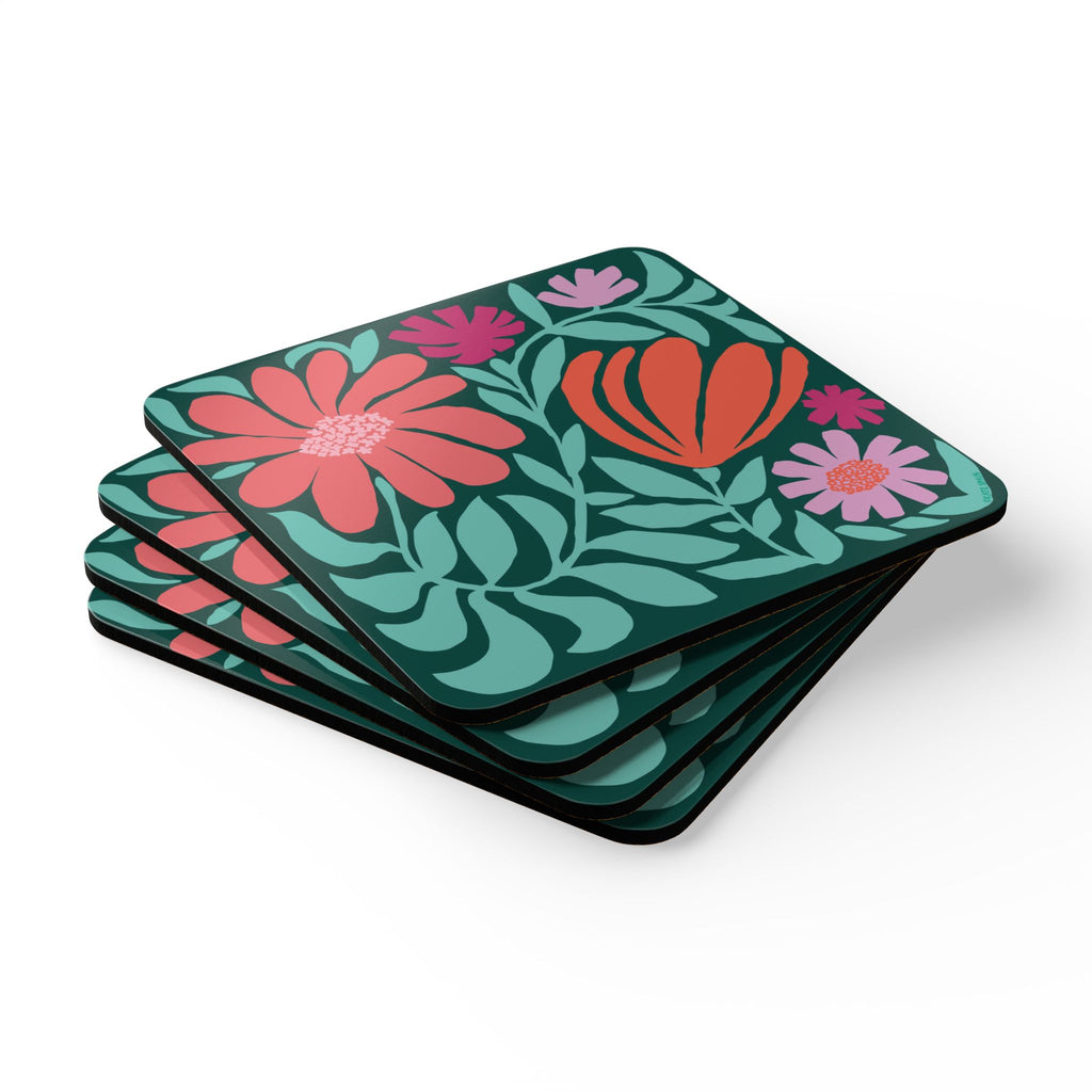 Botanica floral cork-backed coaster set of four with coral, orange, magenta and lavender blooms on deep forest green, stacked set, angled view – Kate Spain design
