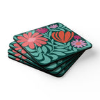 Botanica floral cork-backed coaster set of four with coral, orange, magenta and lavender blooms on deep forest green, stacked set, angled view – Kate Spain design