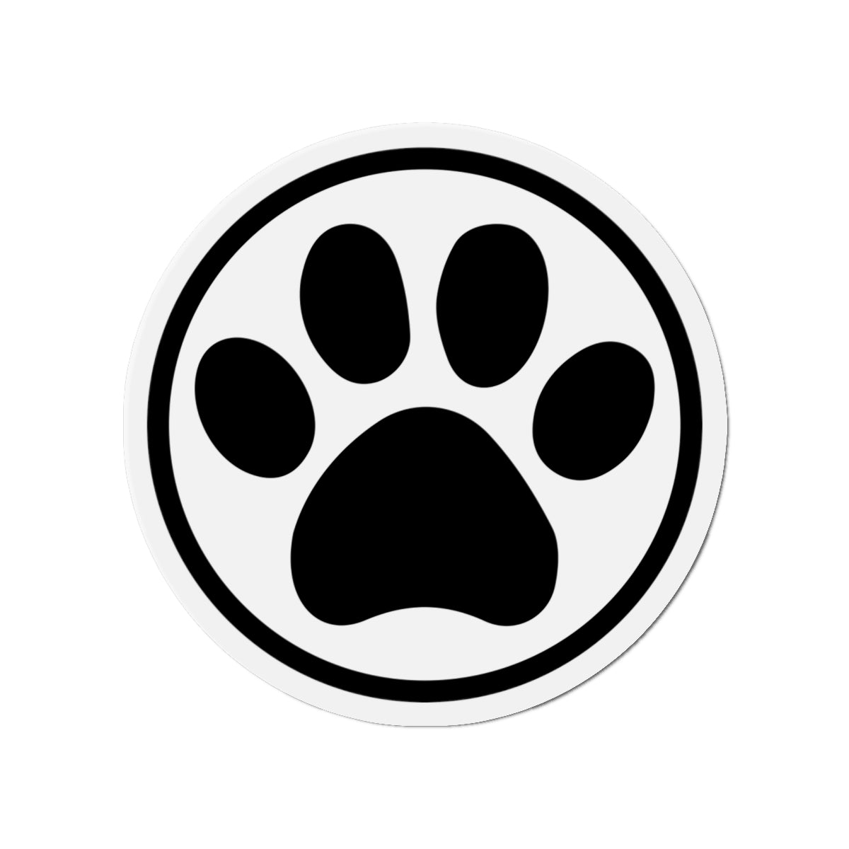 Black-and-white cat paw print die-cut magnet with a circular border, product view – Kate Spain design
