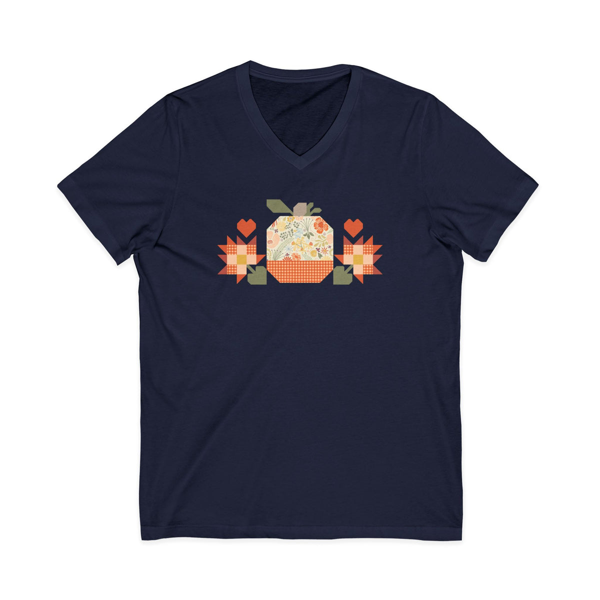 Falling for Fall patchwork pumpkin with quilt-block stars and hearts on a V-neck t-shirt in navy, front view – Kate Spain design for Pat Sloan