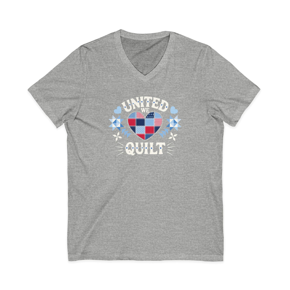 Quilters United quilt badge in red, white and blue on a V-neck t-shirt in athletic heather grey, front view – Kate Spain design for Pat Sloan