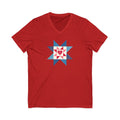 Liberty Love star quilt block with a heart in red, white and blue on a V-neck t-shirt in red, front view – Kate Spain design for Pat Sloan