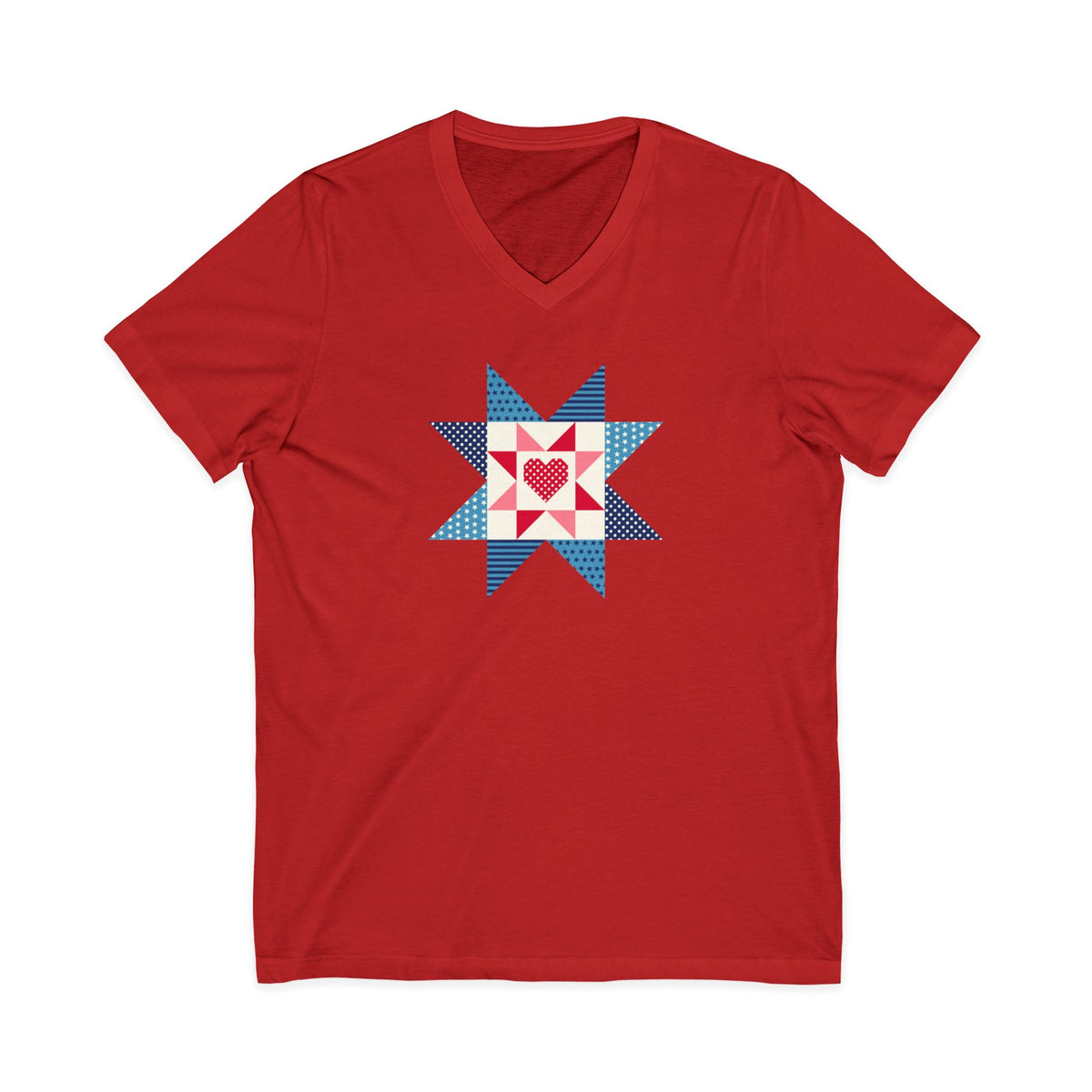 Liberty Love star quilt block with a heart in red, white and blue on a V-neck t-shirt in red, front view – Kate Spain design for Pat Sloan