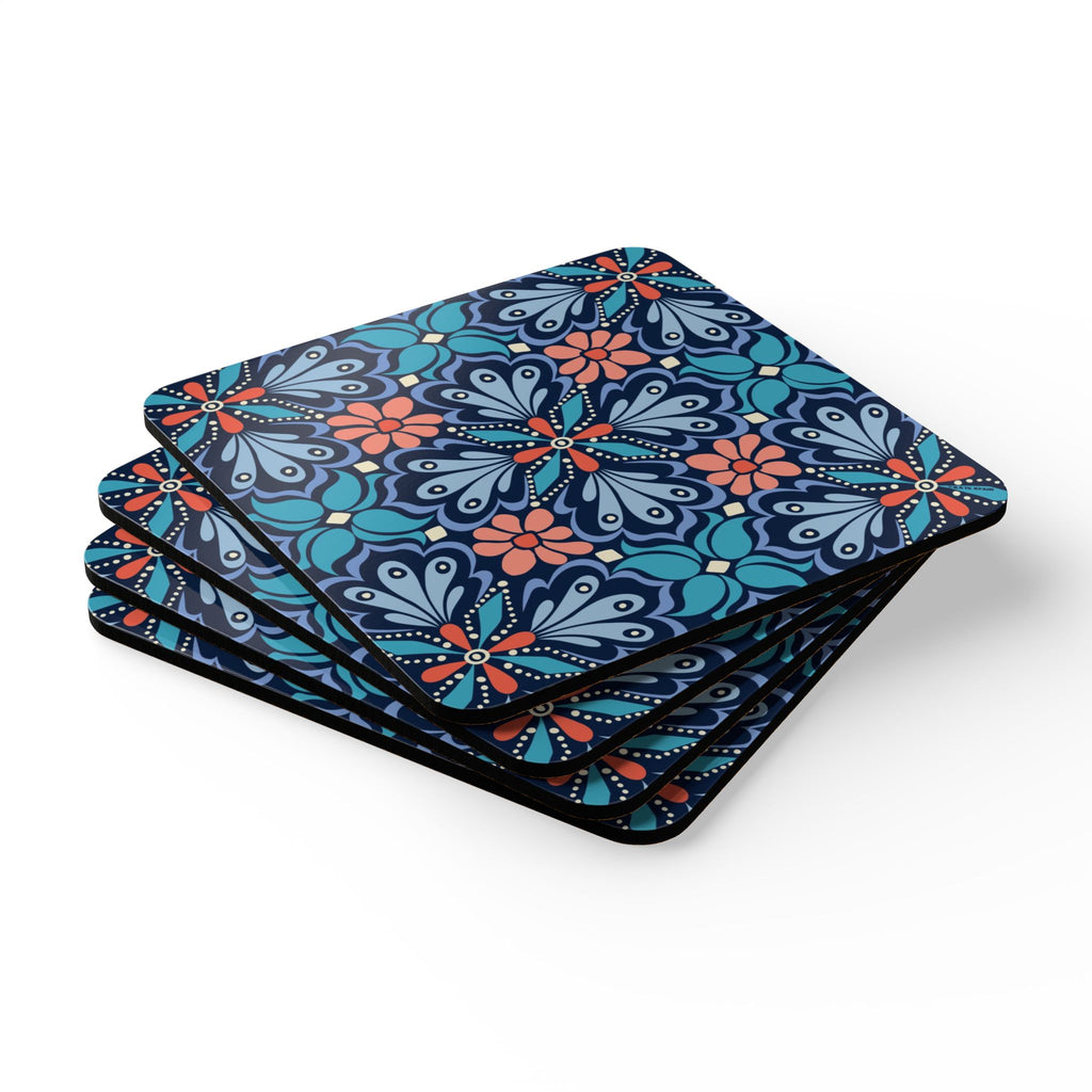 Bolero cork-backed coaster set of four, navy, teal and periwinkle fan medallions with coral daisy centers, stacked set, angled view – Kate Spain design