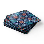 Bolero cork-backed coaster set of four, navy, teal and periwinkle fan medallions with coral daisy centers, stacked set, angled view – Kate Spain design