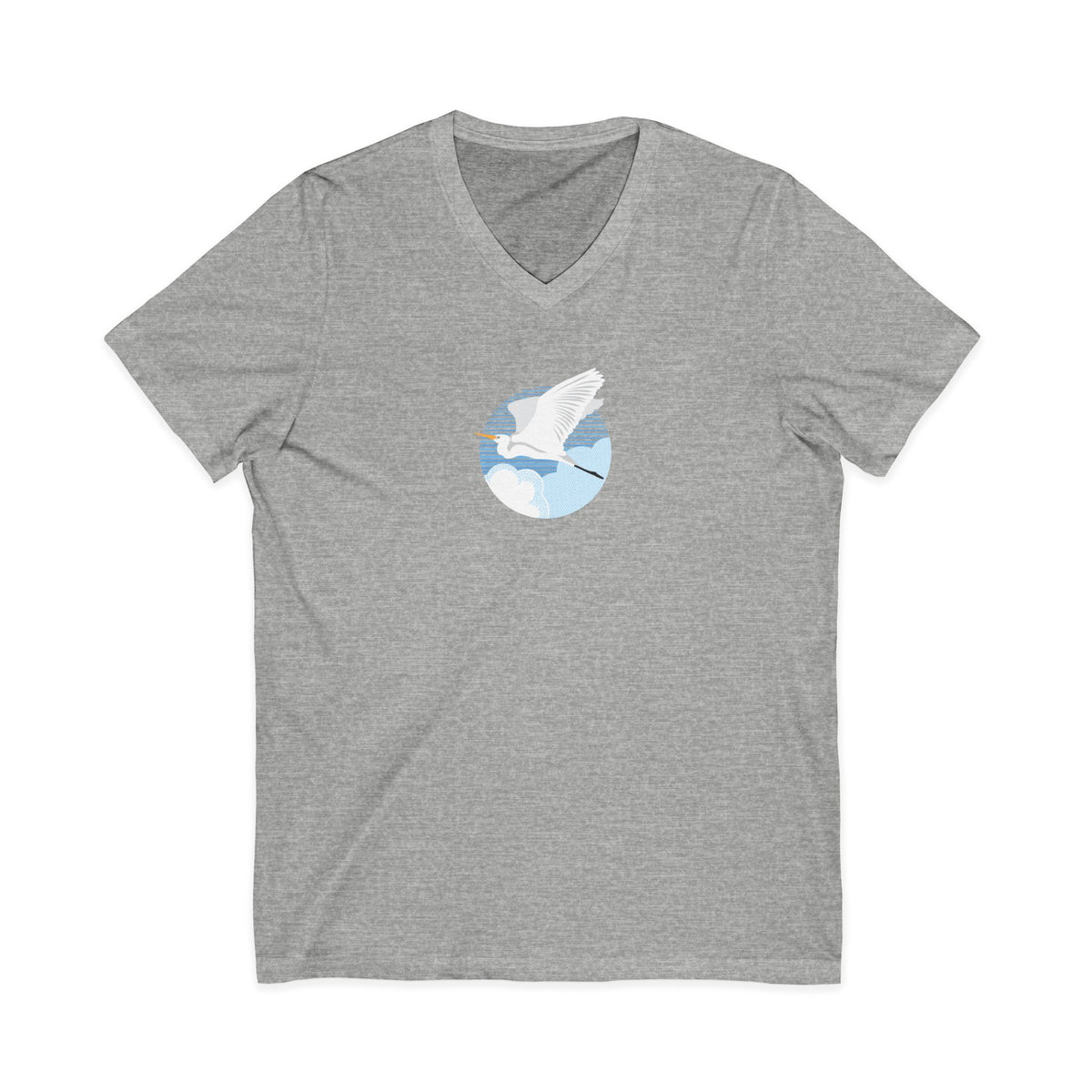 Great egret in flight against a blue circle on a V-neck t-shirt in athletic heather grey, front view – Kate Spain design