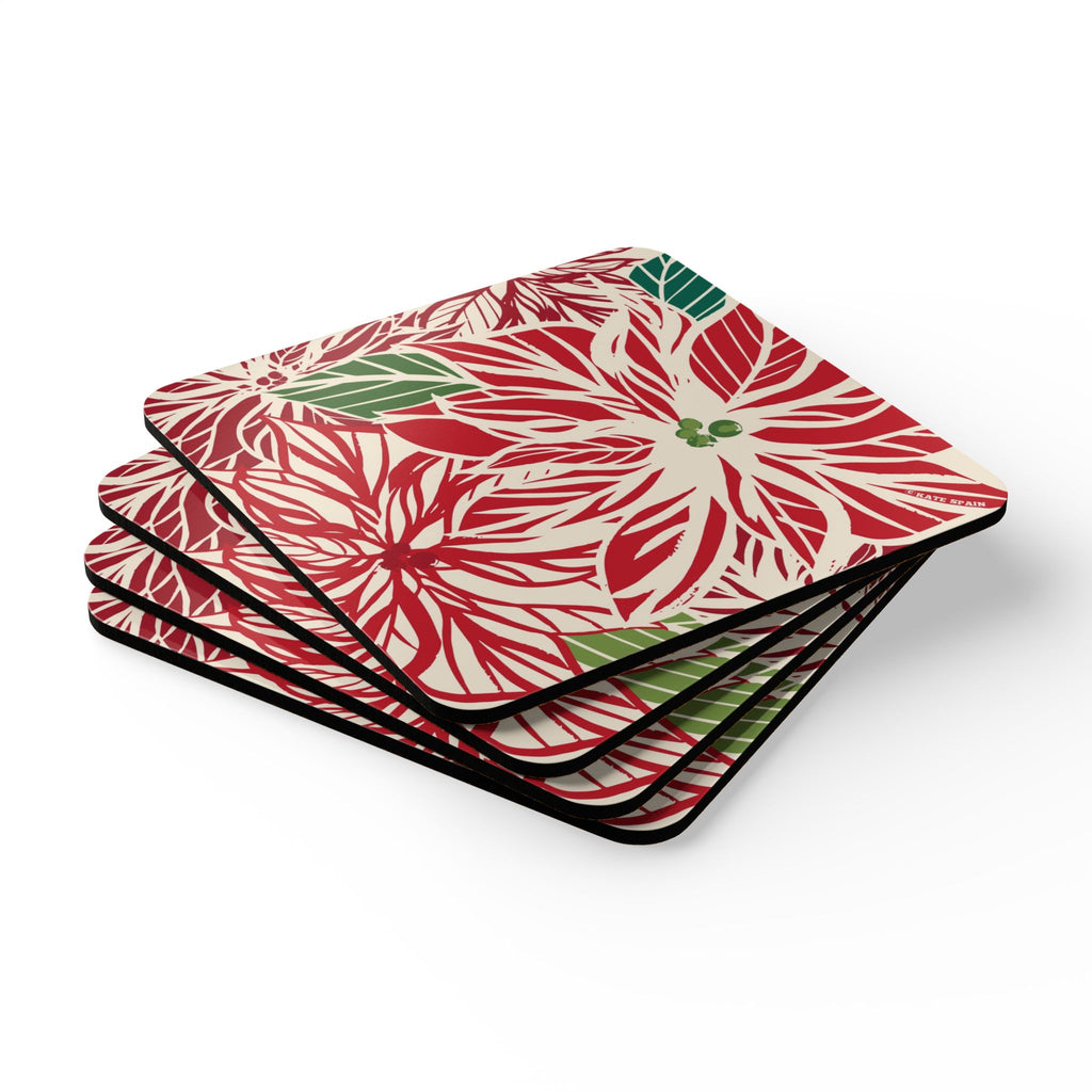Poinsettia cork-backed coaster set of four, oversized red and cream poinsettia with forest green leaves, stacked set, angled view – Kate Spain design