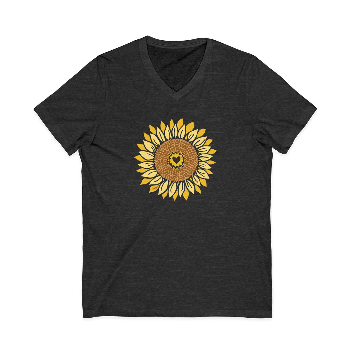 Golden sunflower with a heart center on a V-neck t-shirt in dark grey heather, front view – Sunflowers in My Heart by Kate Spain