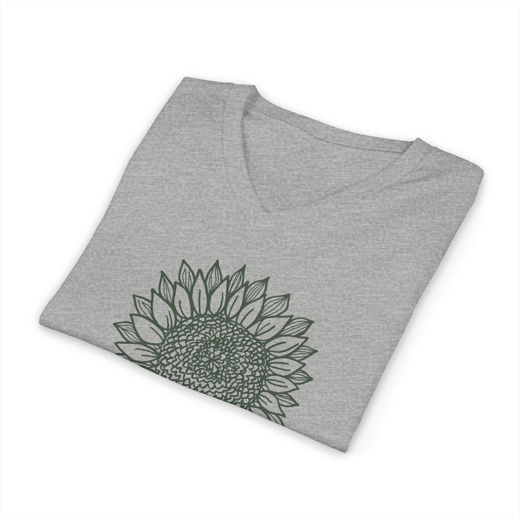 Green botanical line-art sunflower on a V-neck t-shirt in athletic heather grey, folded close-up of the design – Sunflower by Kate Spain
