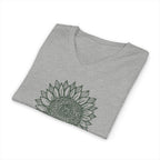 Green botanical line-art sunflower on a V-neck t-shirt in athletic heather grey, folded close-up of the design – Sunflower by Kate Spain