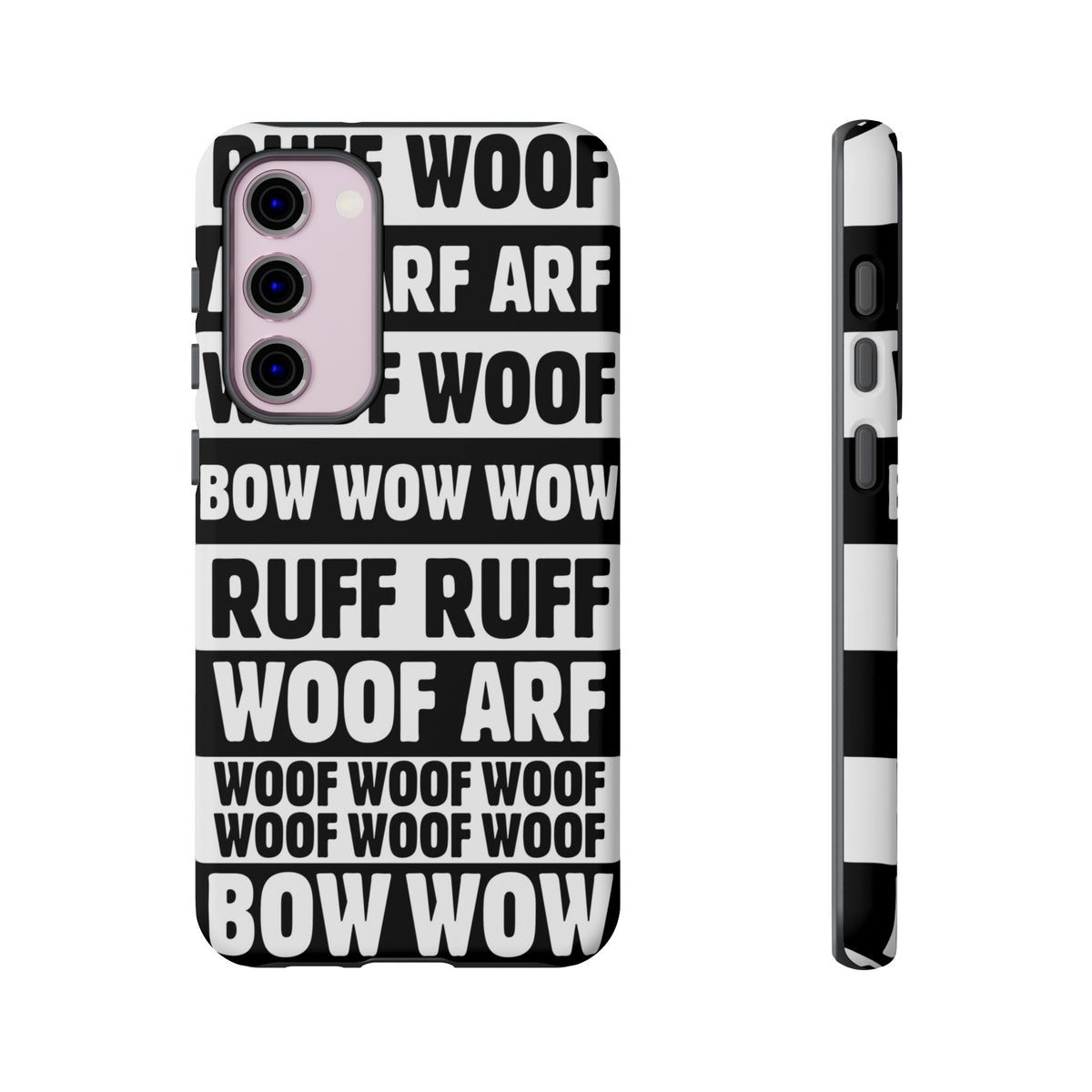 Law of the Paw® Woof Woof phone case with black-and-white WOOF, ARF and BOW WOW lettering for Samsung Galaxy S23 Plus, matte finish, back view – Kate Spain design