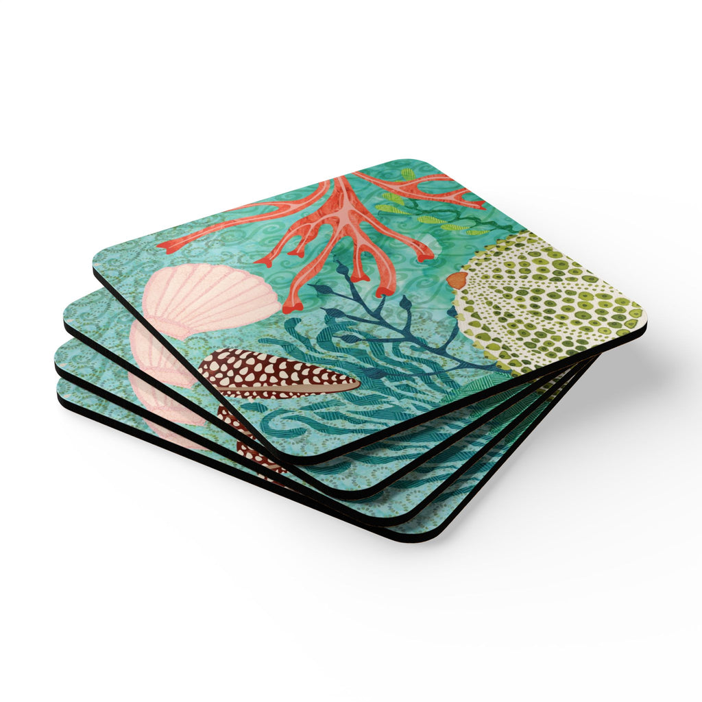 Oceana Shells cork-backed coaster set of four, scallop and cone shells with red coral and seaweed on aqua, stacked set, angled view – Kate Spain design