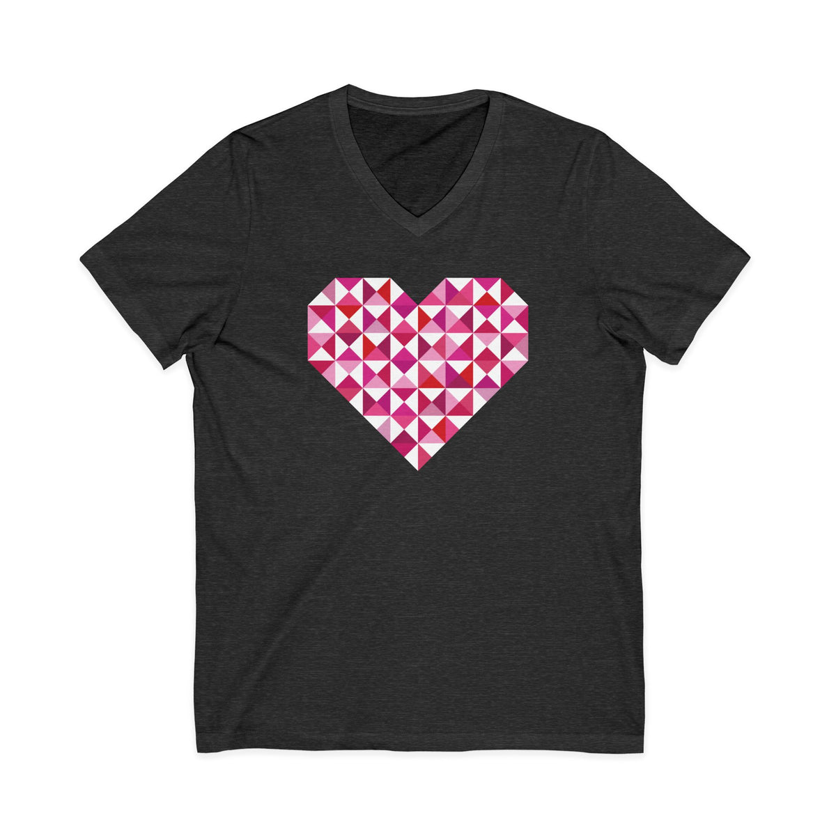 Big Patchwork Love heart pieced from pink half-square triangles on a V-neck t-shirt in dark grey heather, front view – Kate Spain design for Pat Sloan