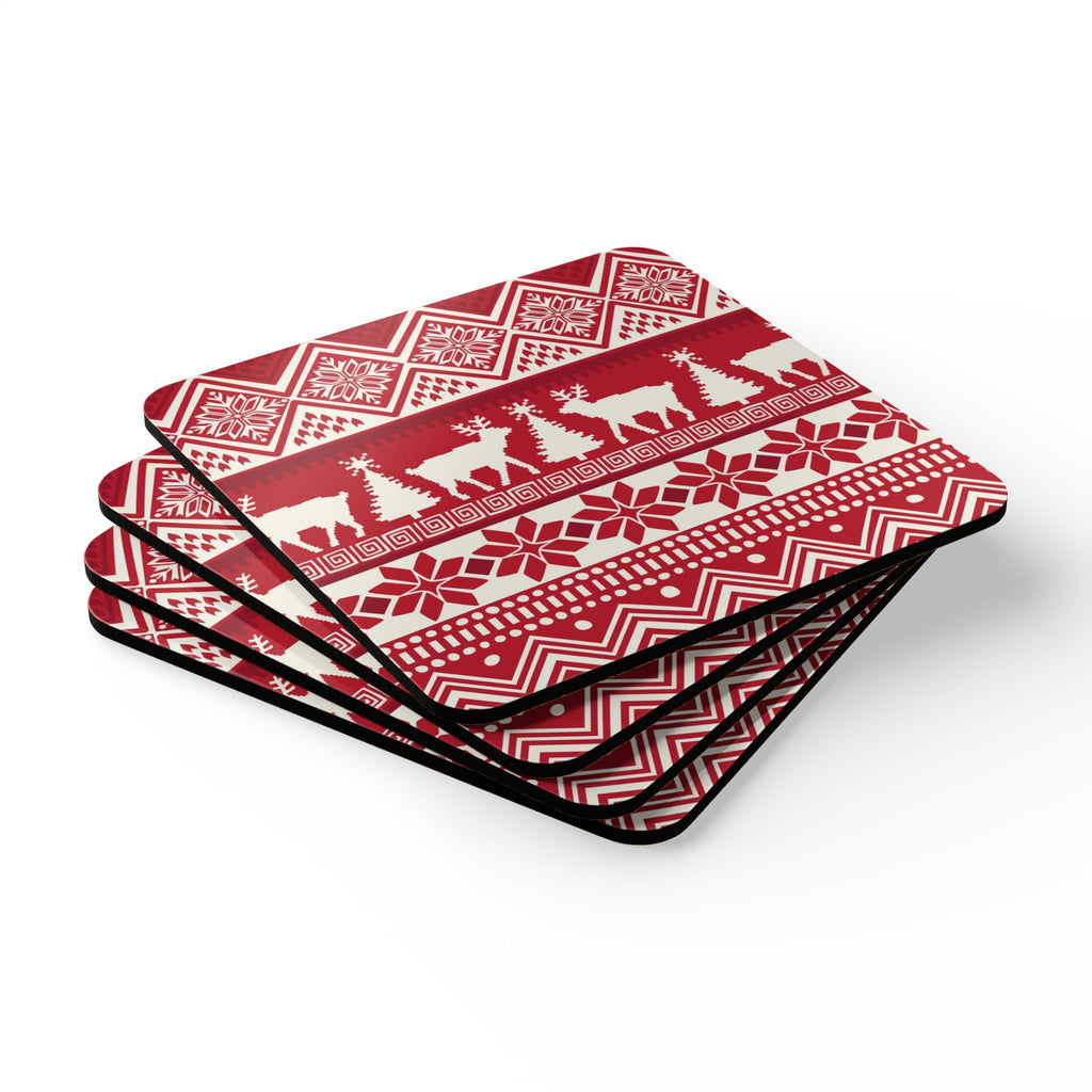 Telemark cork-backed coaster set of four, Nordic reindeer, trees and snowflakes in cream on holiday red, stacked set, angled view – Kate Spain design
