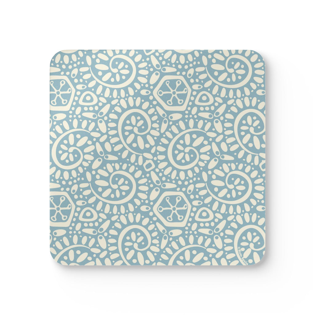 Canto Sky cork-backed coaster, cream botanical spirals and petals on powder blue, single coaster, top view – Kate Spain design