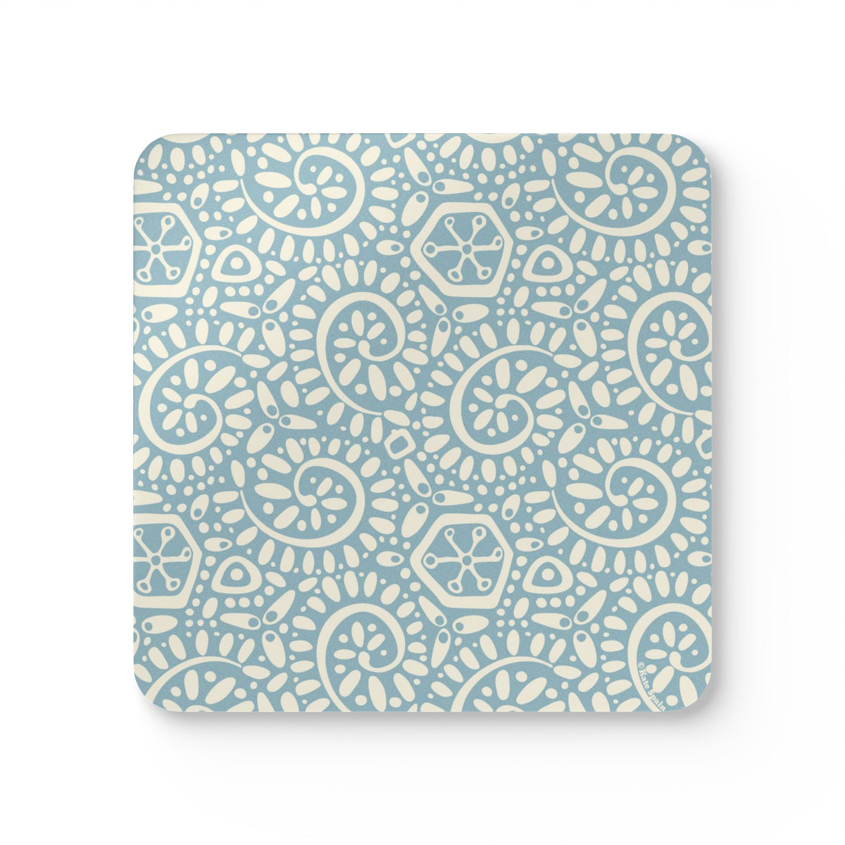 Canto Sky cork-backed coaster, cream botanical spirals and petals on powder blue, single coaster, top view – Kate Spain design