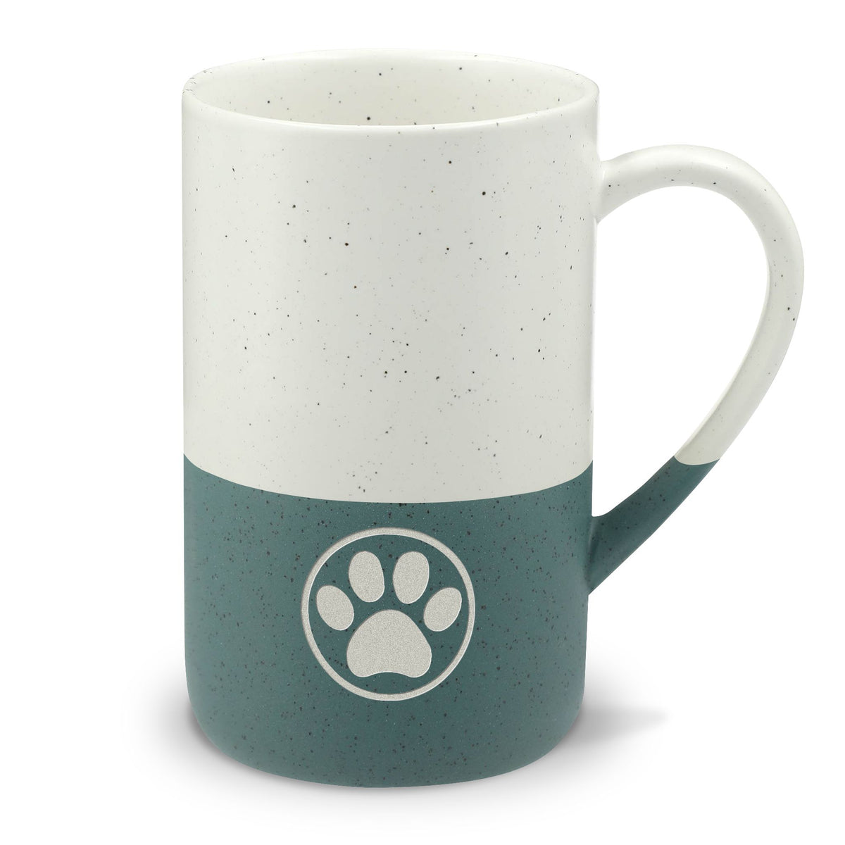 Law of the Paw® cat paw print engraved on a speckled two-tone ceramic mug, white top with forest green base – Kate Spain design