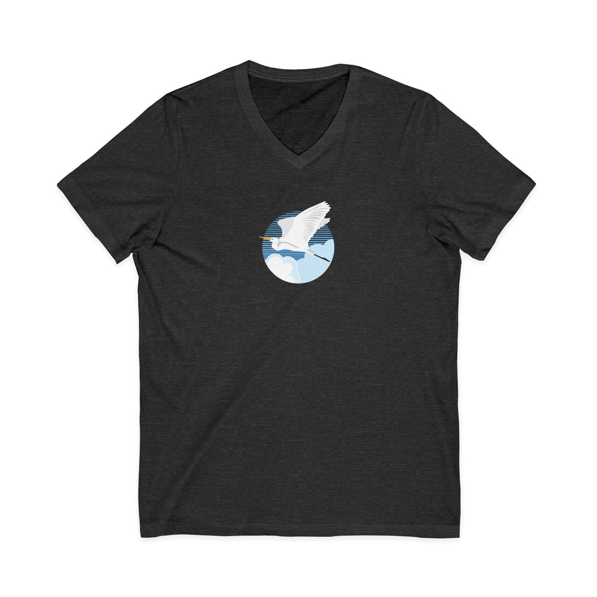 Great egret in flight against a blue circle on a V-neck t-shirt in dark grey heather, front view – Kate Spain design