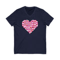 Big Patchwork Love heart pieced from pink half-square triangles on a V-neck t-shirt in navy, front view – Kate Spain design for Pat Sloan