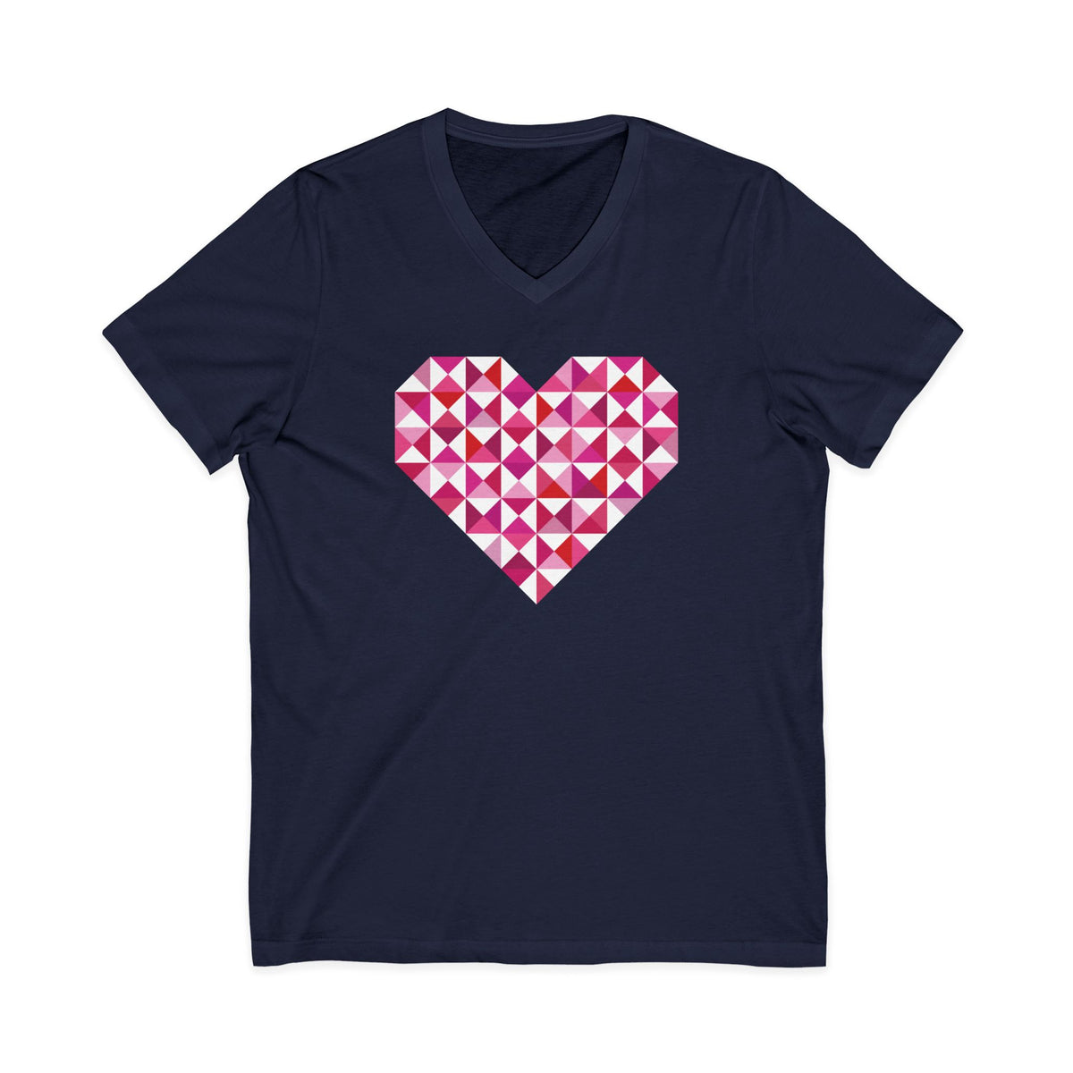 Big Patchwork Love heart pieced from pink half-square triangles on a V-neck t-shirt in navy, front view – Kate Spain design for Pat Sloan