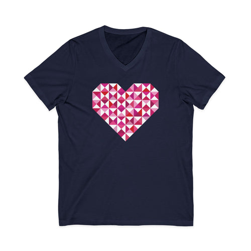 Big Patchwork Love heart pieced from pink half-square triangles on a V-neck t-shirt in navy, front view – Kate Spain design for Pat Sloan