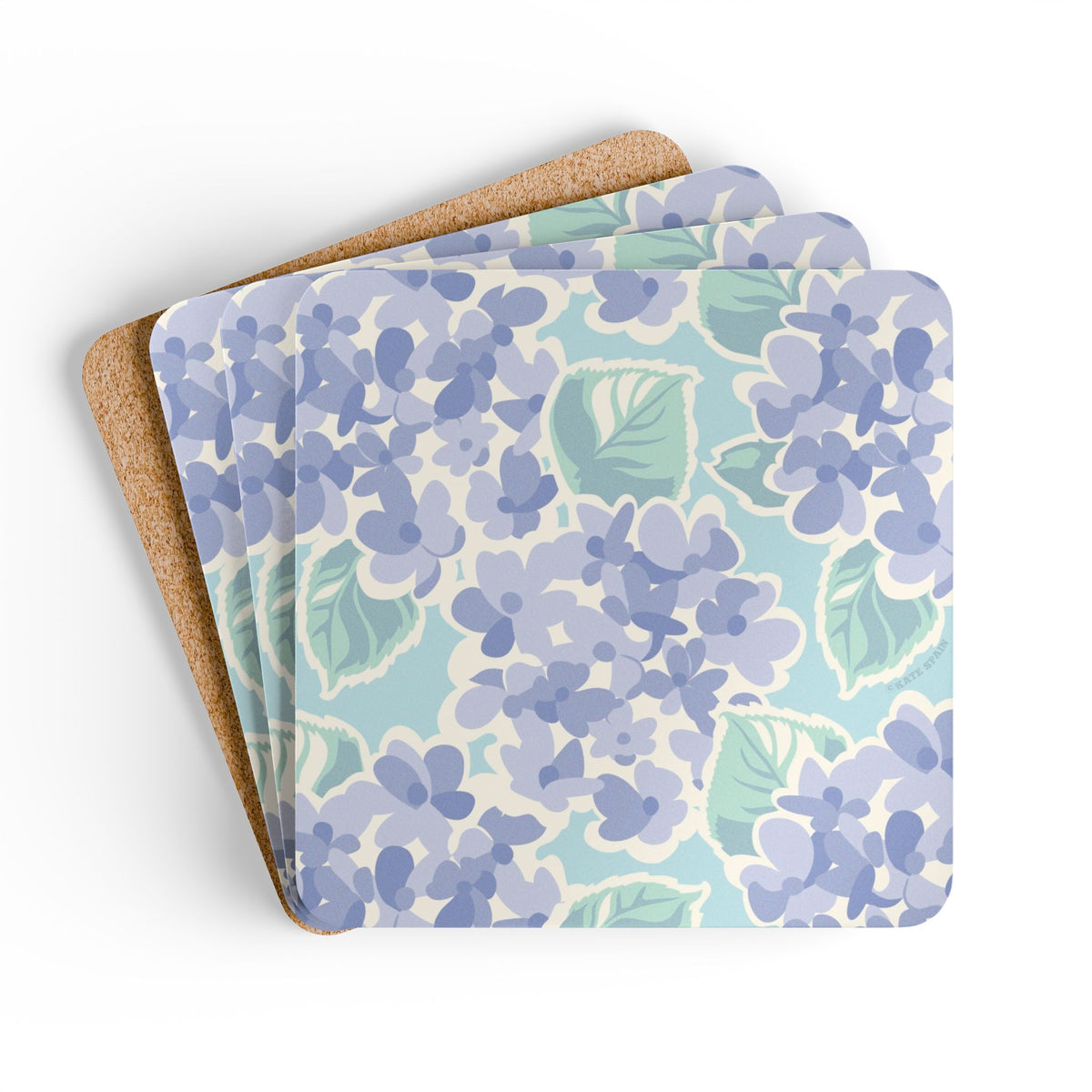 Nantucket Hydrangea cork-backed coaster set of four, periwinkle and lavender hydrangeas with sage leaves on pale aqua, coasters fanned out – Kate Spain design