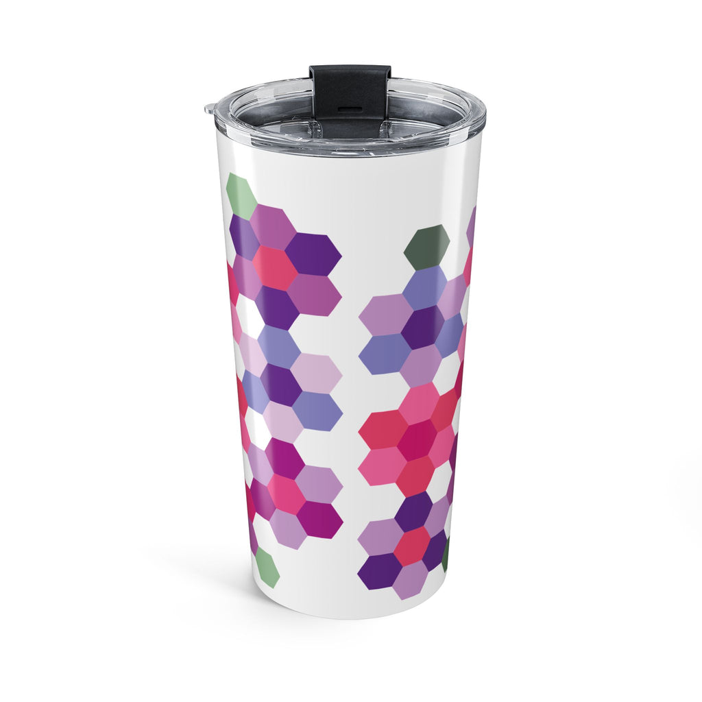 20 oz stainless steel tumbler wrapped in Pink GeoFlora hexagon flowers, side view – Kate Spain design for Pat Sloan