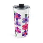 20 oz stainless steel tumbler wrapped in Pink GeoFlora hexagon flowers, side view – Kate Spain design for Pat Sloan