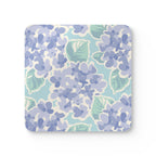 Nantucket Hydrangea cork-backed coaster, periwinkle and lavender hydrangeas with sage leaves on pale aqua, single coaster, top view – Kate Spain design