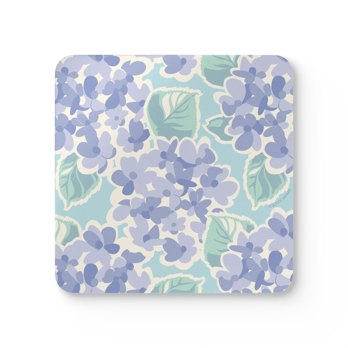 Nantucket Hydrangea cork-backed coaster, periwinkle and lavender hydrangeas with sage leaves on pale aqua, single coaster, top view – Kate Spain design