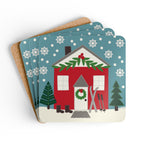 Ski Chalet cork-backed coaster set of four, red holiday cottage with skis among snowy evergreens, coasters fanned out – Kate Spain design