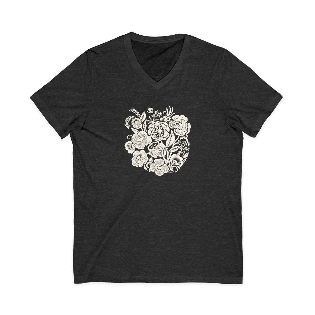 Meadowsweet woodblock-style bouquet of wildflowers on a V-neck t-shirt in dark grey heather, front view – Kate Spain design