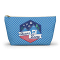 Sloan Zone zip pouch in blue polka dot with the Sloan Zone badge, front view – Kate Spain design for Pat Sloan