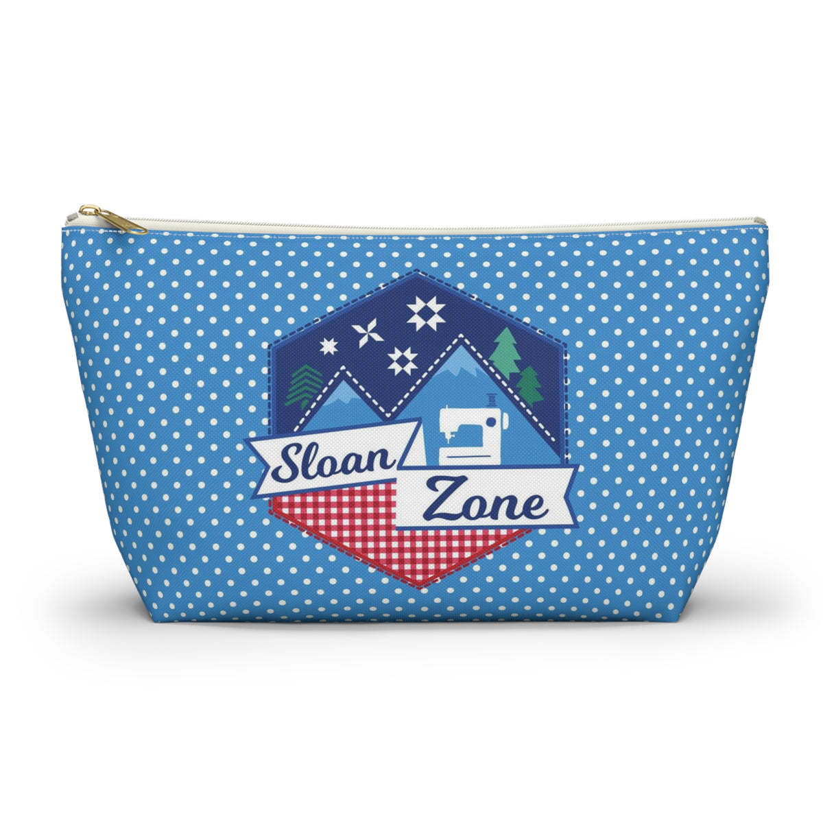 Sloan Zone zip pouch in blue polka dot with the Sloan Zone badge, front view – Kate Spain design for Pat Sloan