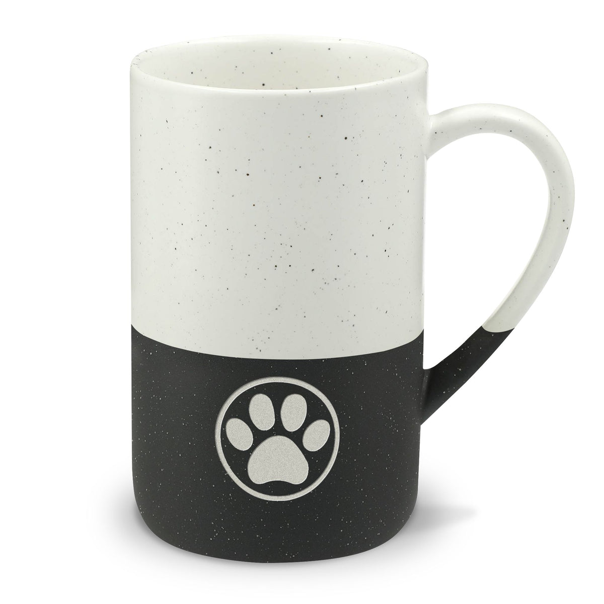 Law of the Paw® cat paw print engraved on a speckled two-tone ceramic mug, white top with black base – Kate Spain design