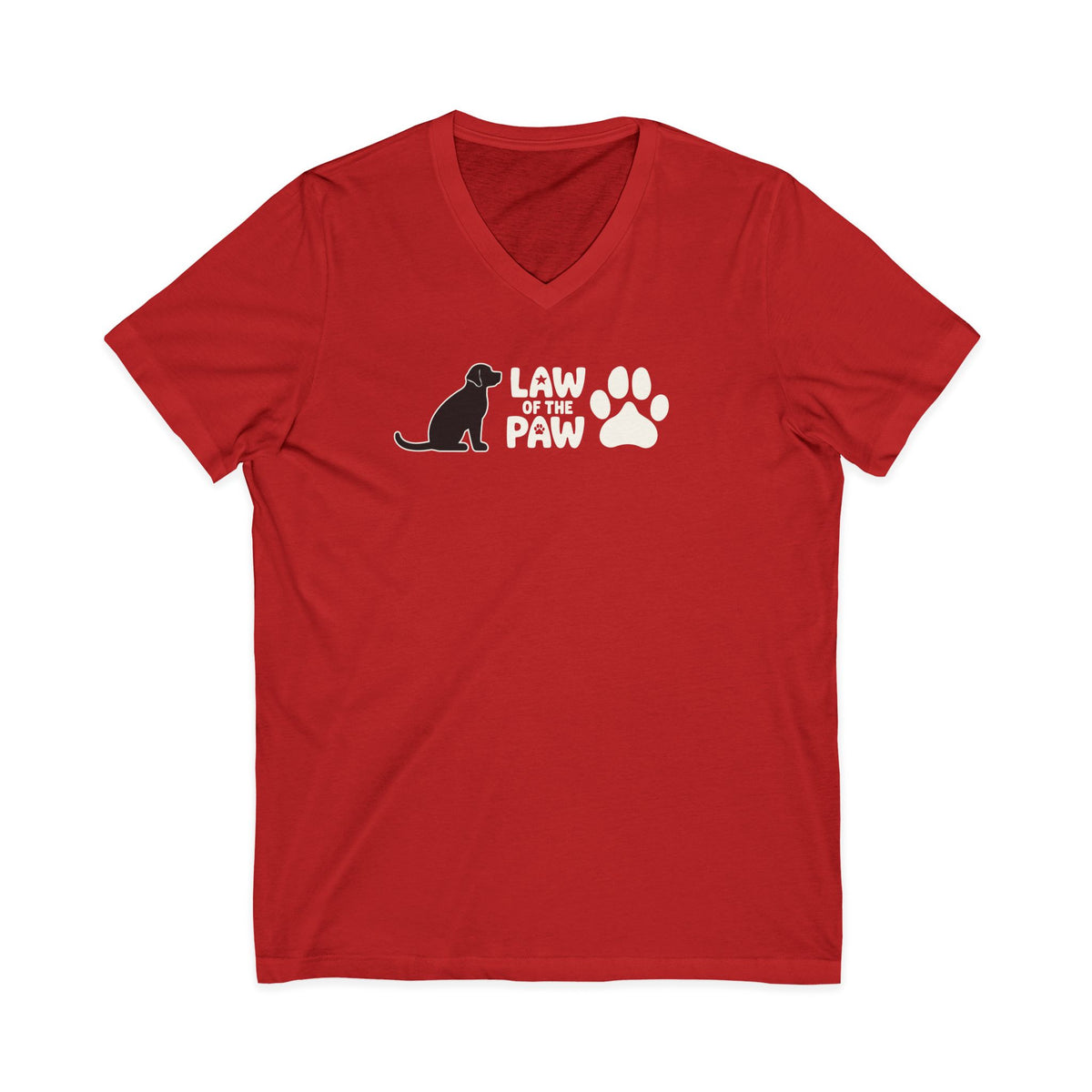 Law of the Paw® logo with seated dog and paw print on a V-neck t-shirt in red, front view – Kate Spain design
