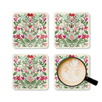 Rosemaling Snow cork-backed coaster set of four, folk-art doves, heart and tulips in red, magenta, green and aqua on cream, four coasters with a latte mug – Kate Spain design
