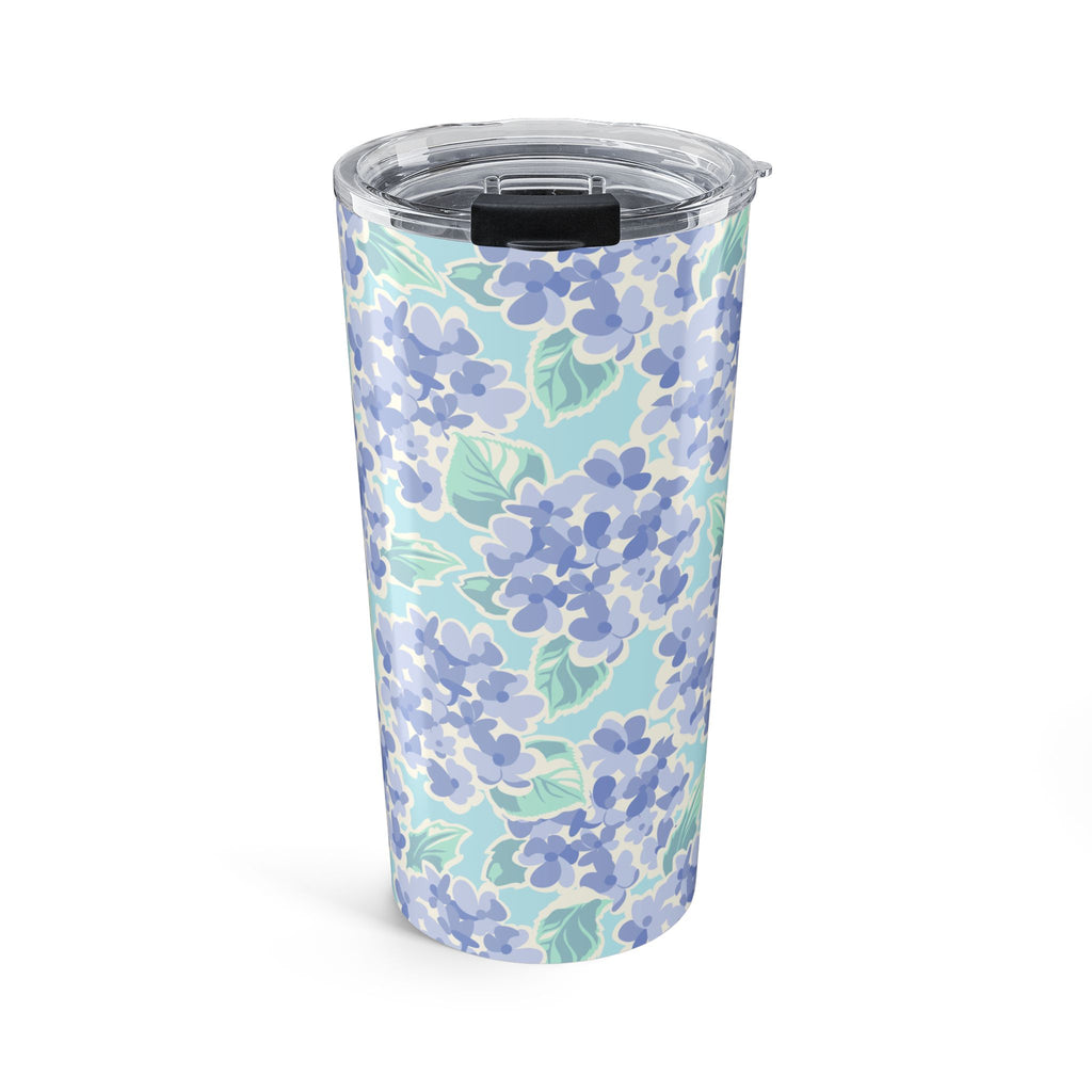 Nantucket Hydrangea 20 oz insulated stainless steel tumbler, periwinkle and lavender hydrangeas with mint leaves on pale aqua, front view with lid – Kate Spain design