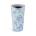 Nantucket Hydrangea 20 oz insulated stainless steel tumbler, periwinkle and lavender hydrangeas with mint leaves on pale aqua, front view with lid – Kate Spain design