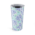 Nantucket Hydrangea 20 oz insulated stainless steel tumbler, periwinkle and lavender hydrangeas with mint leaves on pale aqua, front view with lid – Kate Spain design