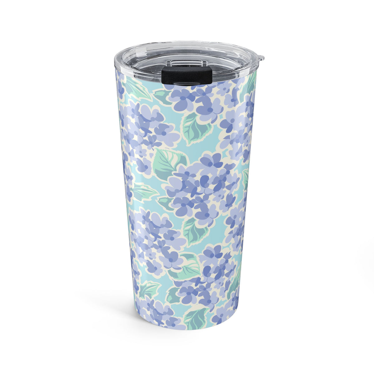 Nantucket Hydrangea 20 oz insulated stainless steel tumbler, periwinkle and lavender hydrangeas with mint leaves on pale aqua, front view with lid – Kate Spain design