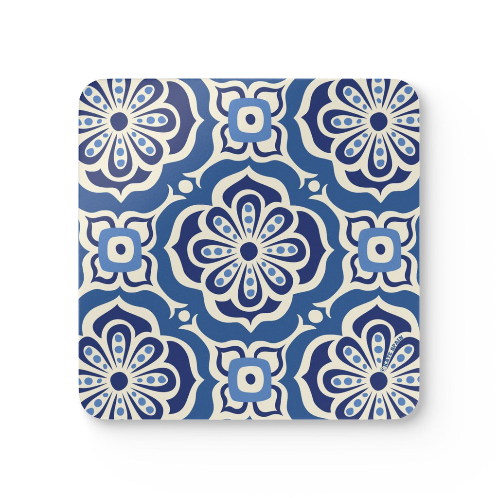 Alhambra Navy cork-backed coaster, Mediterranean tile medallions in navy, cream and cornflower blue, single coaster, top view – Kate Spain design