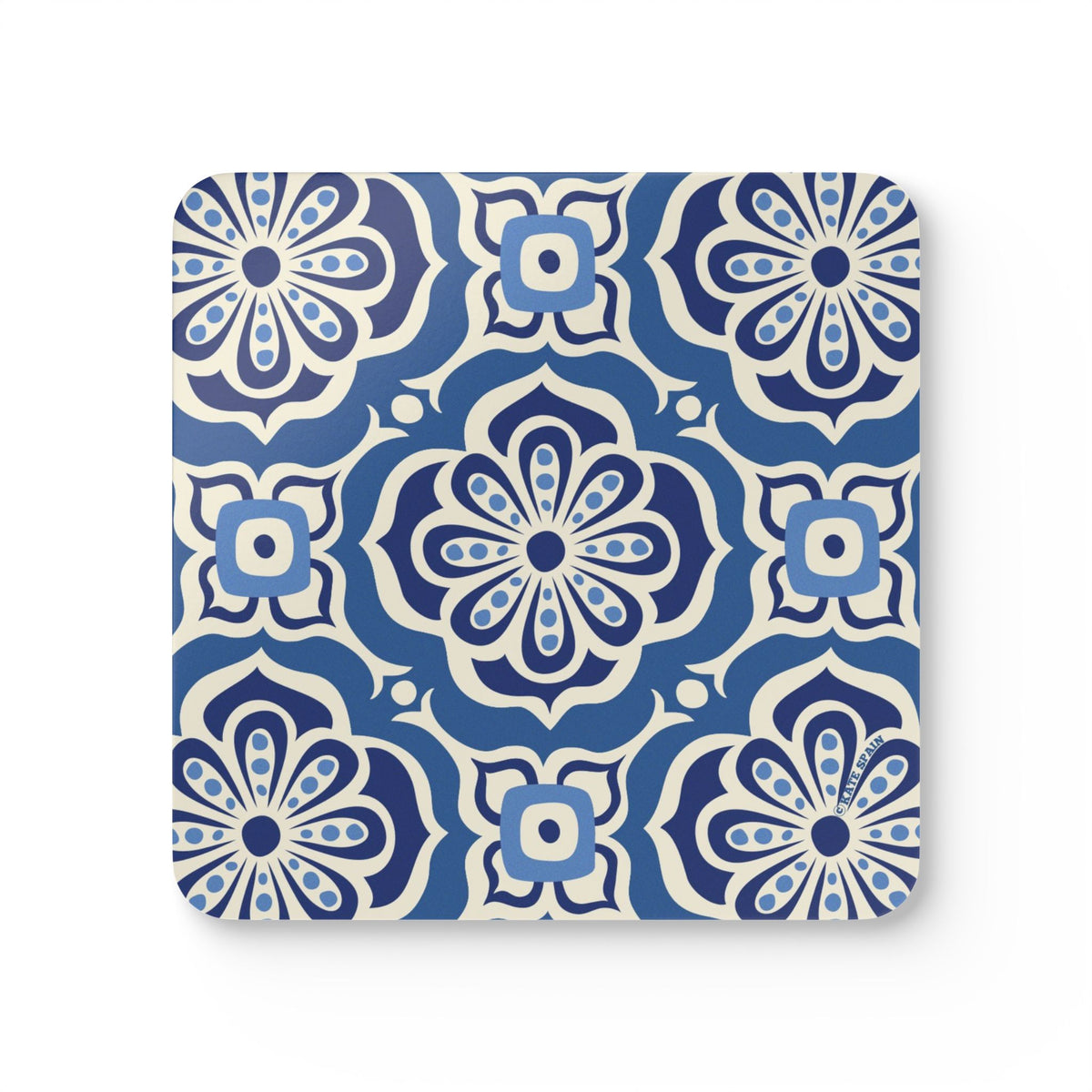 Alhambra Navy cork-backed coaster, Mediterranean tile medallions in navy, cream and cornflower blue, single coaster, top view – Kate Spain design