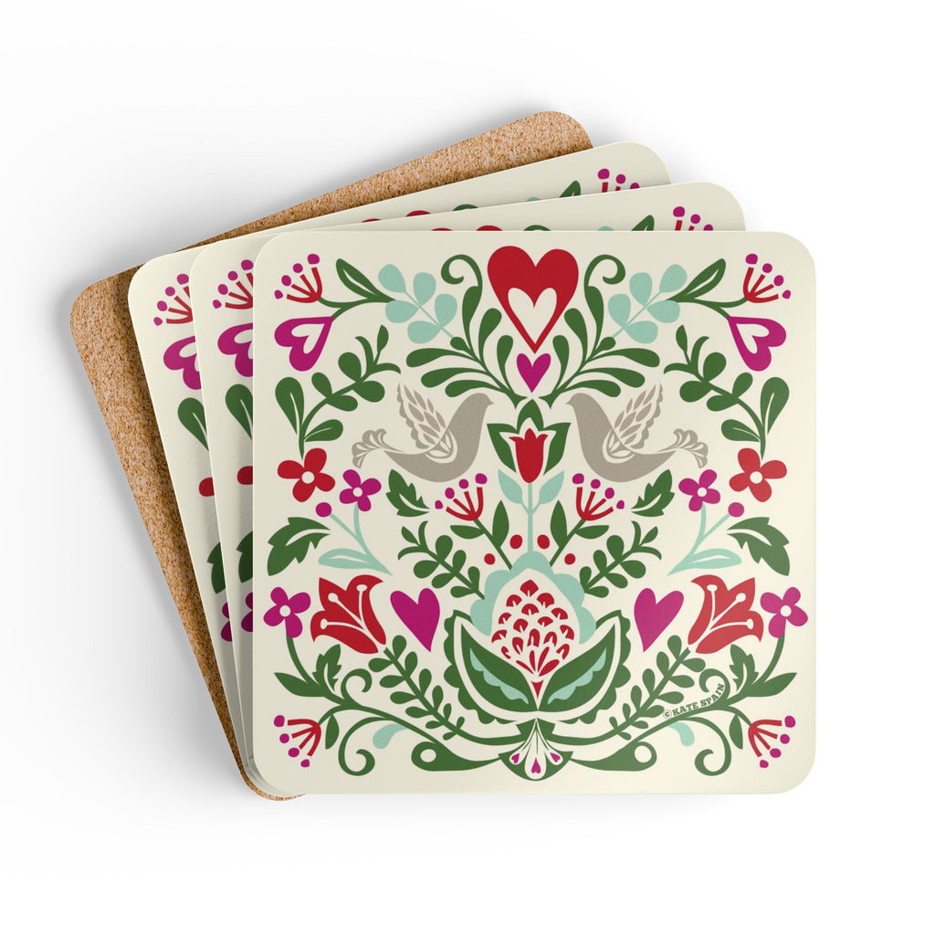 Rosemaling Snow cork-backed coaster set of four, folk-art doves, heart and tulips in red, magenta, green and aqua on cream, coasters fanned out – Kate Spain design