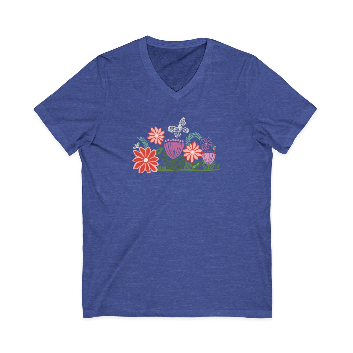 Bloom woodblock-style flowers with a butterfly, ladybug and bee on a V-neck t-shirt in heather true royal, front view – Kate Spain design