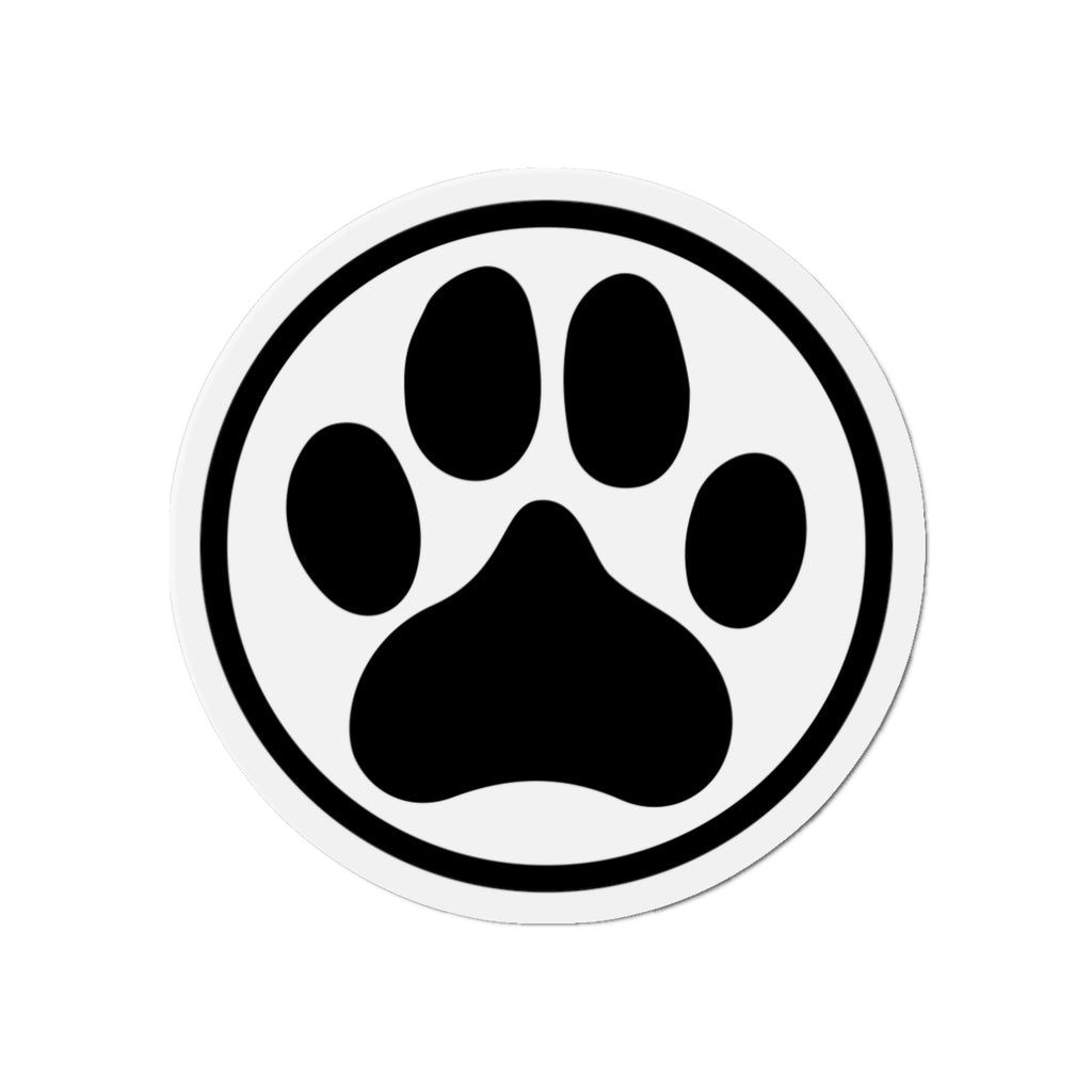 Black-and-white dog paw print die-cut magnet with a circular border, product view – Kate Spain design