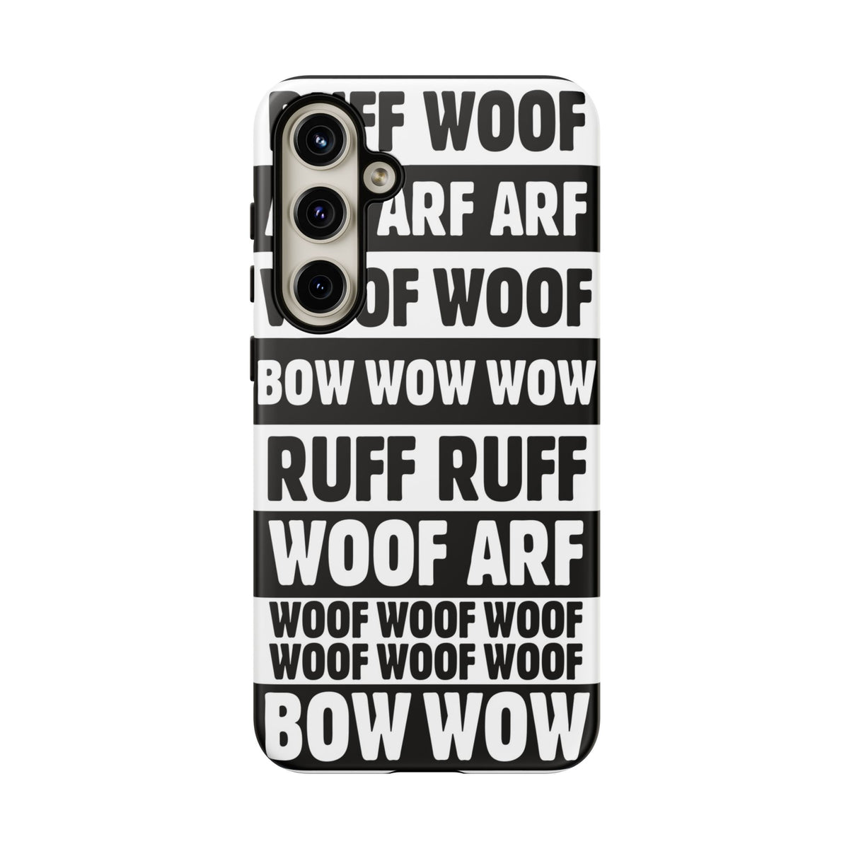 Law of the Paw® Woof Woof phone case with black-and-white WOOF, ARF and BOW WOW lettering for Samsung Galaxy S24 Plus, matte finish, back view – Kate Spain design