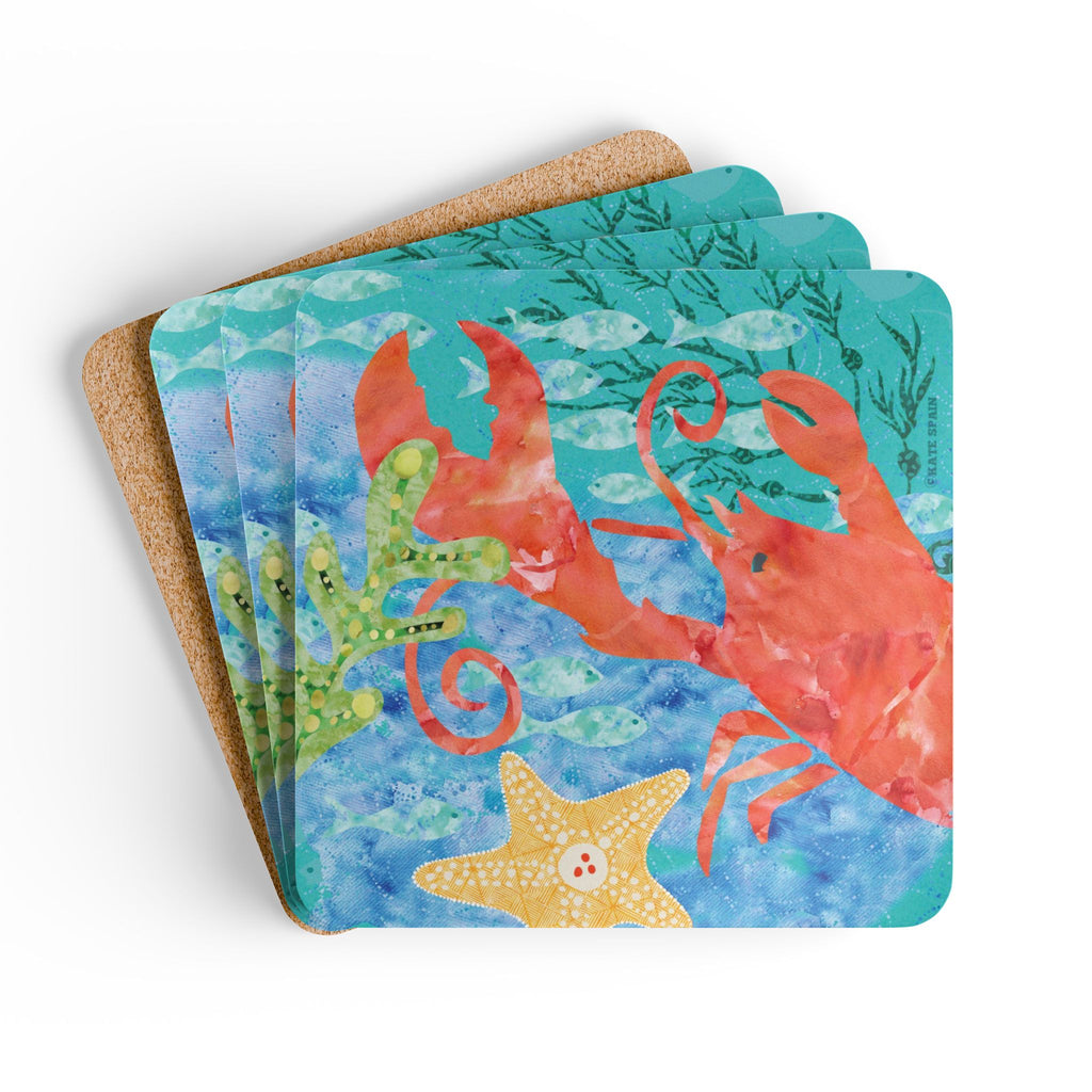 Oceana Lobster cork-backed coaster set of four, red lobster, starfish and sea grass on watercolor blue ocean, coasters fanned out – Kate Spain design