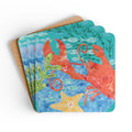Oceana Lobster cork-backed coaster set of four, red lobster, starfish and sea grass on watercolor blue ocean, coasters fanned out – Kate Spain design