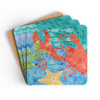 Oceana Lobster cork-backed coaster set of four, red lobster, starfish and sea grass on watercolor blue ocean, coasters fanned out – Kate Spain design